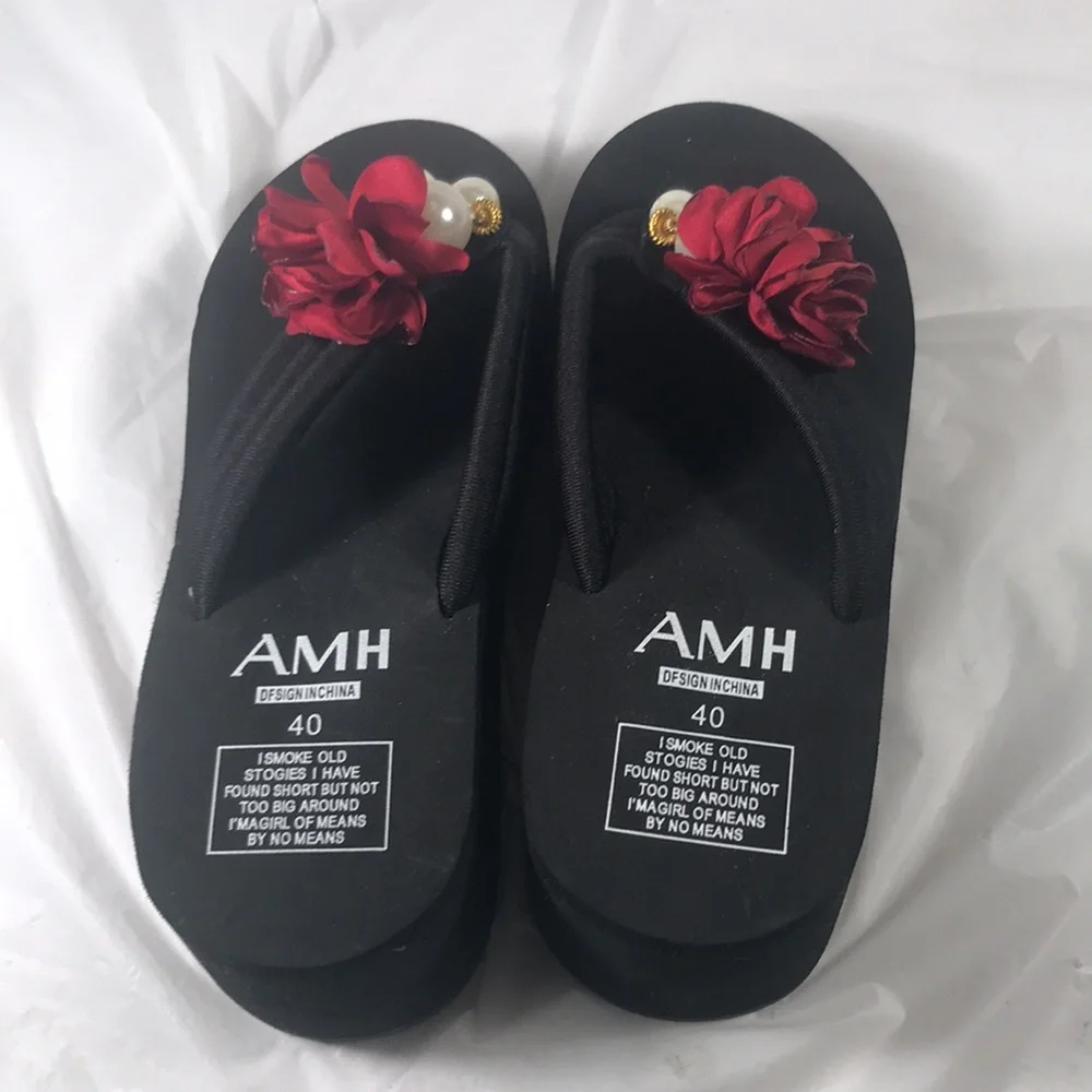 Womens Summer Black With Red Flowers & Jewels Slip On Vegan Platform Thong Shoes